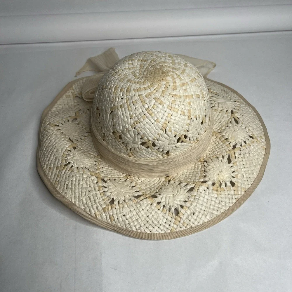Vintage Patterned Straw Bucket Hat Beach Sun 60s 70s‎ Cottage Core Gardening